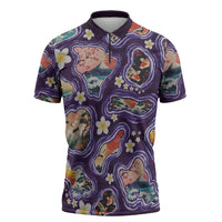 Hawaii Islands Map Design with Japanese Landscape Zipper Polo Shirt Hawaiian Japan Fusion Art Purple Color LT03 Purple - Polynesian Pride