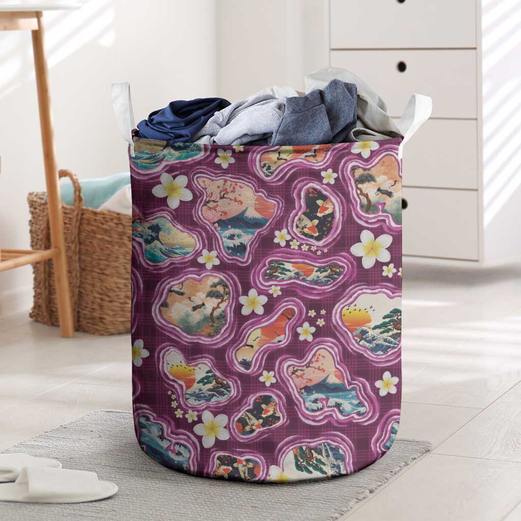 Hawaii Islands Map Design with Japanese Landscape Laundry Basket Hawaiian Japan Fusion Art Pink Color