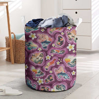 Hawaii Islands Map Design with Japanese Landscape Laundry Basket Hawaiian Japan Fusion Art Pink Color LT03 Pink - Polynesian Pride