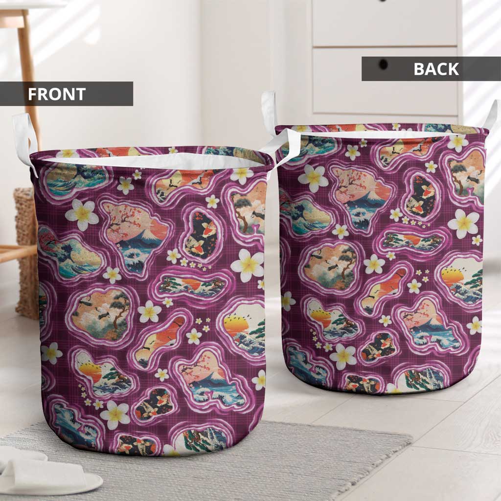 Hawaii Islands Map Design with Japanese Landscape Laundry Basket Hawaiian Japan Fusion Art Pink Color LT03 - Polynesian Pride