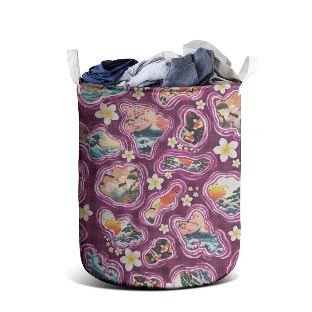 Hawaii Islands Map Design with Japanese Landscape Laundry Basket Hawaiian Japan Fusion Art Pink Color LT03 - Polynesian Pride