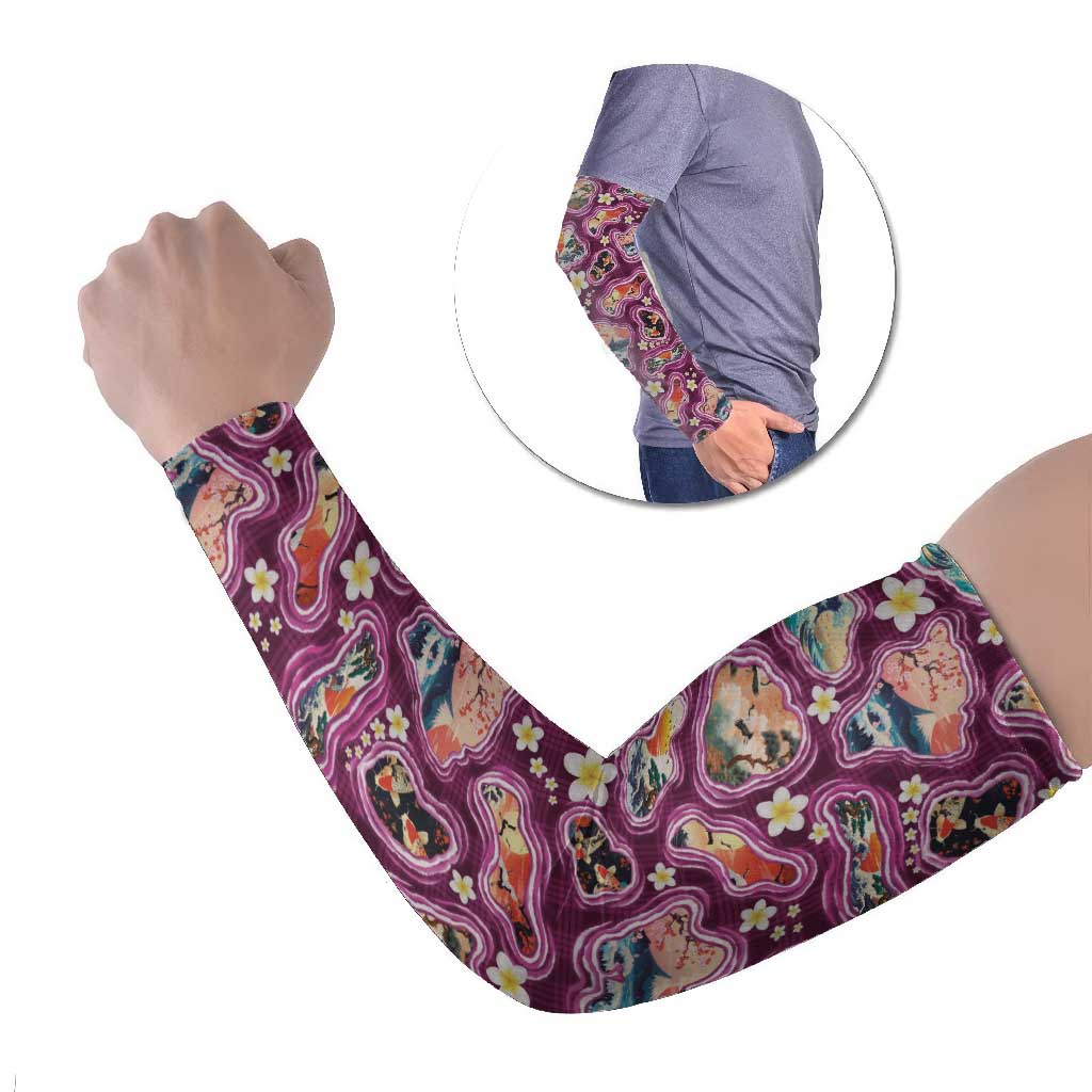 Hawaii Islands Map Design with Japanese Landscape Arm Sleeves Hawaiian Japan Fusion Art Pink Color LT03 Set of 2 Pink - Polynesian Pride