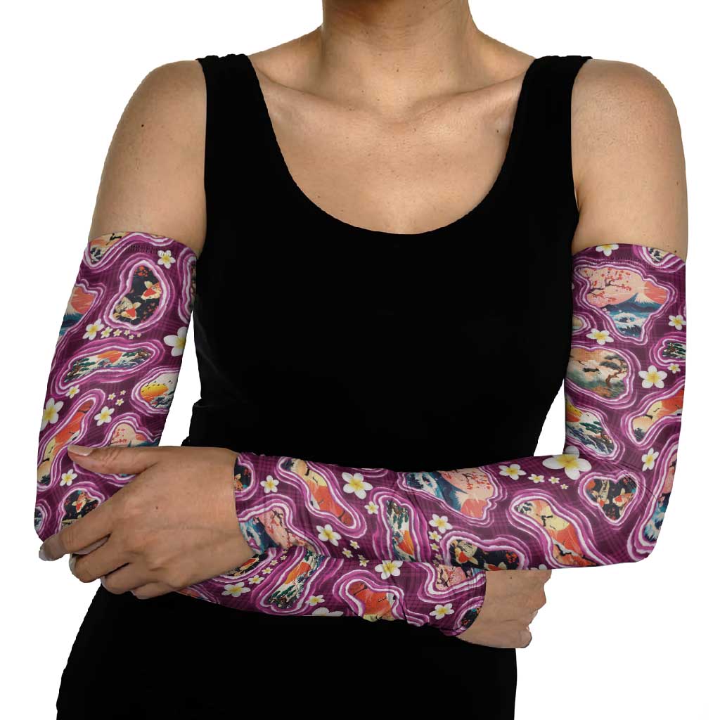 Hawaii Islands Map Design with Japanese Landscape Arm Sleeves Hawaiian Japan Fusion Art Pink Color LT03 - Polynesian Pride