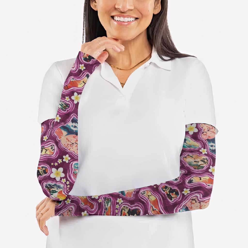 Hawaii Islands Map Design with Japanese Landscape Arm Sleeves Hawaiian Japan Fusion Art Pink Color LT03 - Polynesian Pride