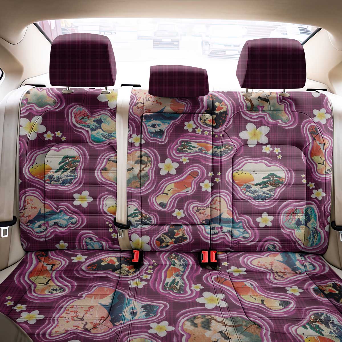 Hawaii Islands Map Design with Japanese Landscape Back Car Seat Cover Hawaiian Japan Fusion Art Pink Color LT03 - Polynesian Pride