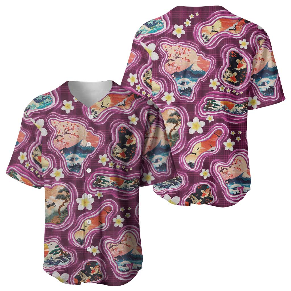 Hawaii Islands Map Design with Japanese Landscape Baseball Jersey Hawaiian Japan Fusion Art Pink Color LT03 - Polynesian Pride