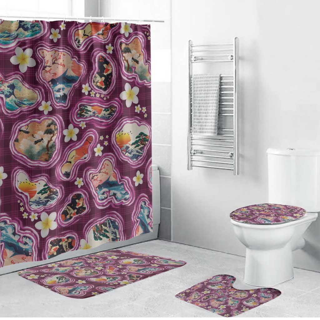 Hawaii Islands Map Design with Japanese Landscape Bathroom Set Hawaiian Japan Fusion Art Pink Color LT03 Bathroom Set (4 pcs) Pink - Polynesian Pride