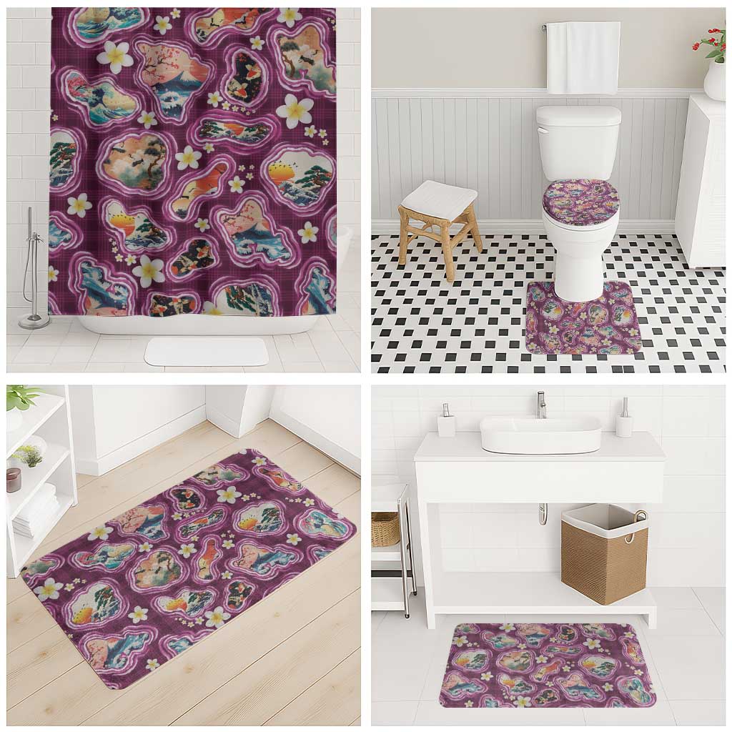 Hawaii Islands Map Design with Japanese Landscape Bathroom Set Hawaiian Japan Fusion Art Pink Color LT03 - Polynesian Pride