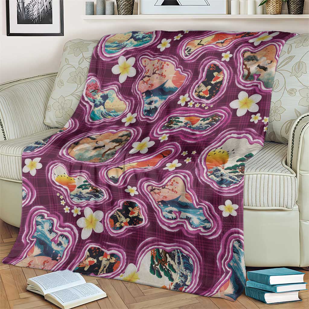 Hawaii Islands Map Design with Japanese Landscape Blanket Hawaiian Japan Fusion Art Pink Color LT03 - Polynesian Pride
