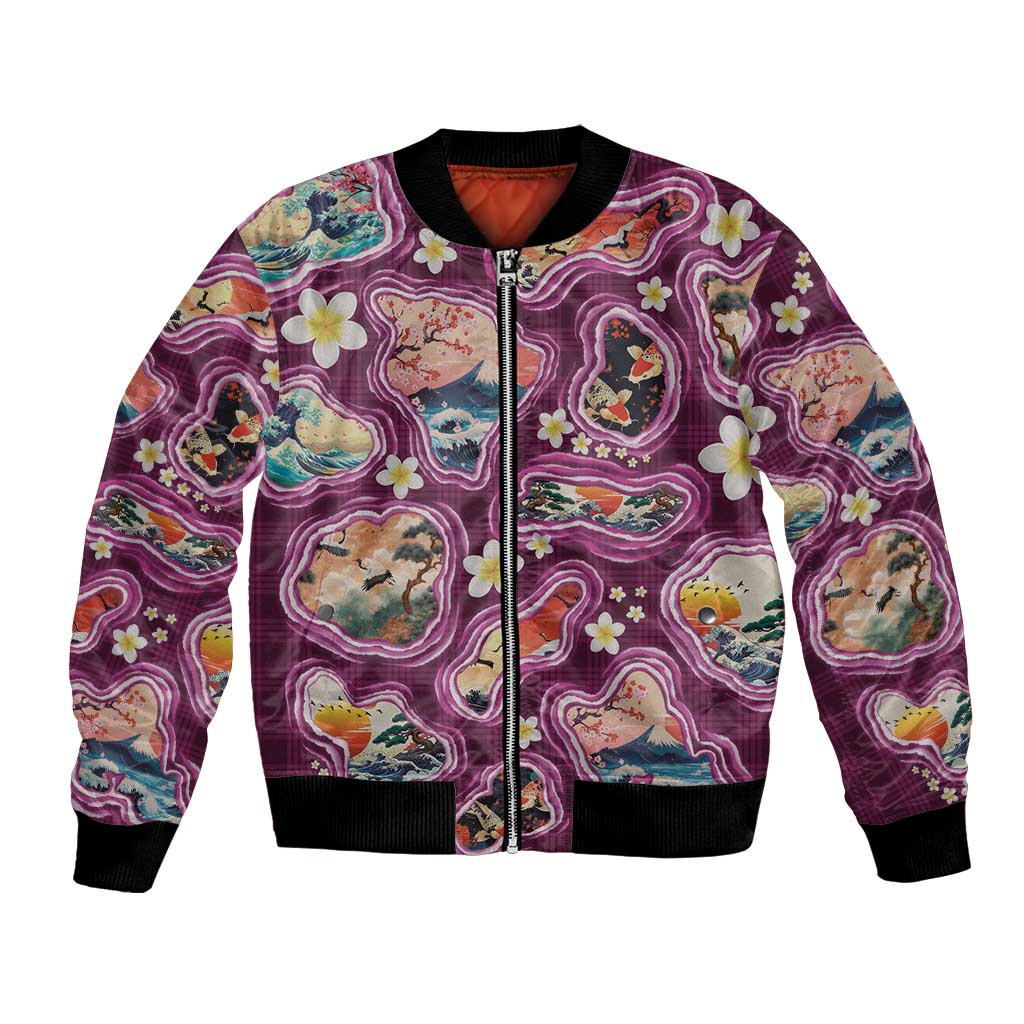 Hawaii Islands Map Design with Japanese Landscape Bomber Jacket Hawaiian Japan Fusion Art Pink Color