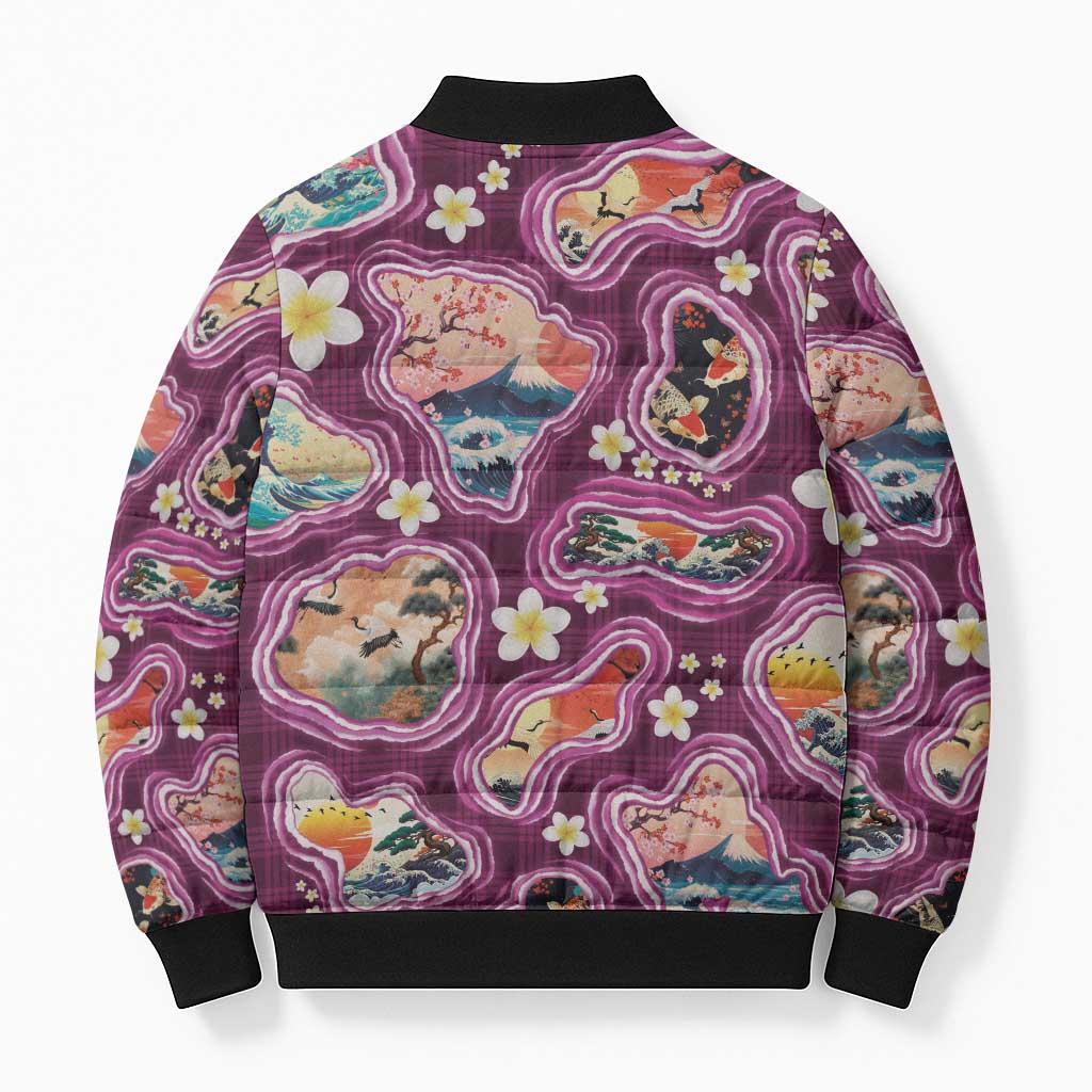 Hawaii Islands Map Design with Japanese Landscape Bomber Puffer Jacket Hawaiian Japan Fusion Art Pink Color LT03 - Polynesian Pride