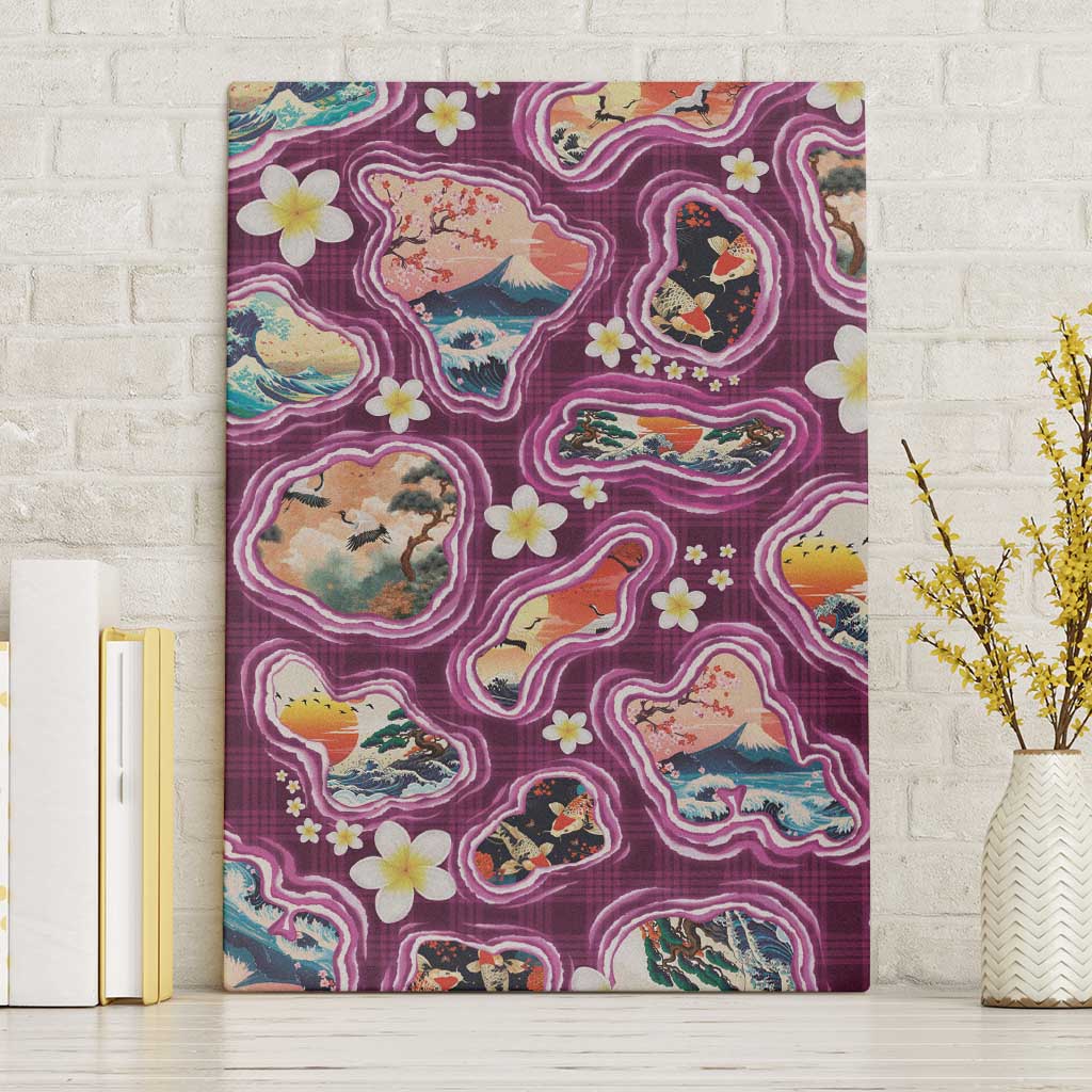 Hawaii Islands Map Design with Japanese Landscape Canvas Wall Art Hawaiian Japan Fusion Art Pink Color