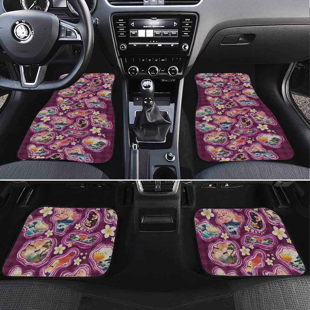 Hawaii Islands Map Design with Japanese Landscape Car Mats Hawaiian Japan Fusion Art Pink Color LT03 Set 4pcs Pink - Polynesian Pride