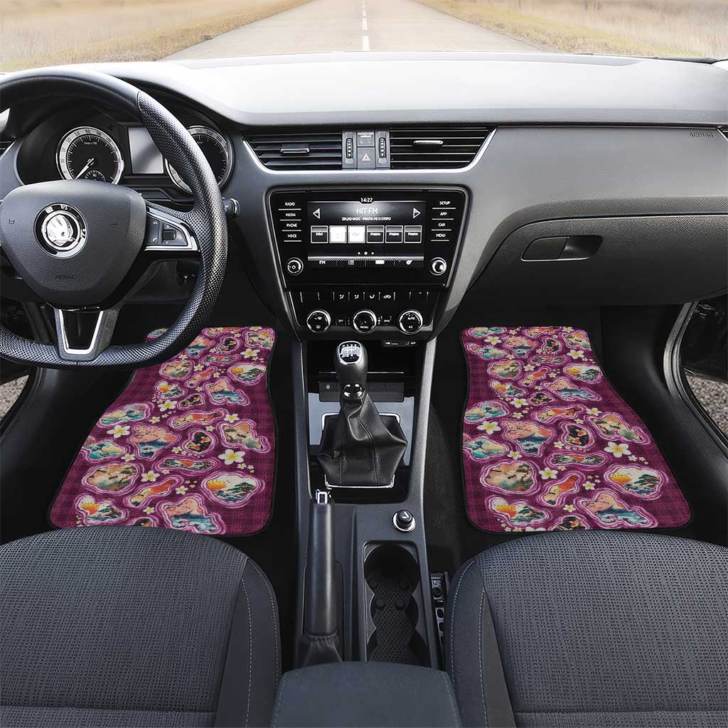 Hawaii Islands Map Design with Japanese Landscape Car Mats Hawaiian Japan Fusion Art Pink Color LT03 Set 2pcs - Front Pink - Polynesian Pride