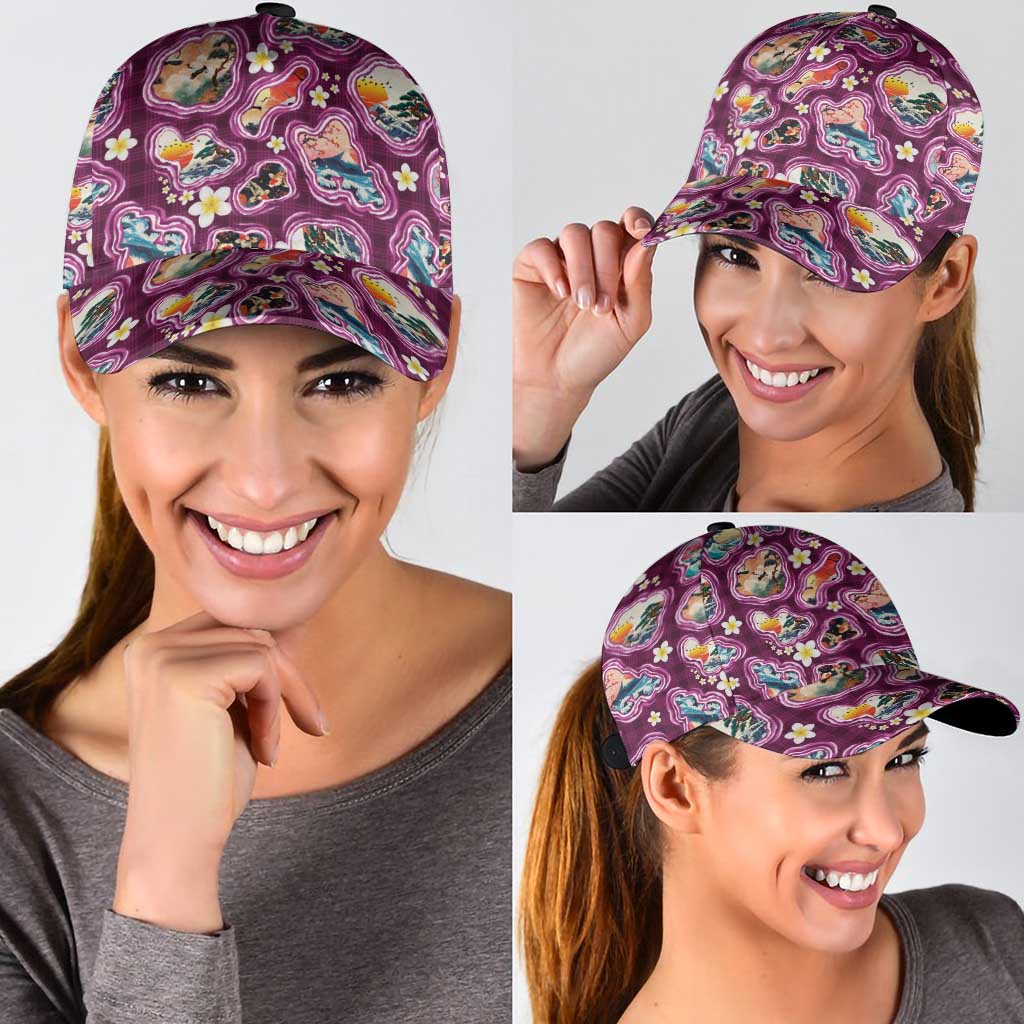Hawaii Islands Map Design with Japanese Landscape Classic Cap Hawaiian Japan Fusion Art Pink Color LT03 - Polynesian Pride