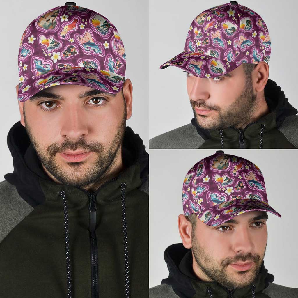 Hawaii Islands Map Design with Japanese Landscape Classic Cap Hawaiian Japan Fusion Art Pink Color LT03 - Polynesian Pride