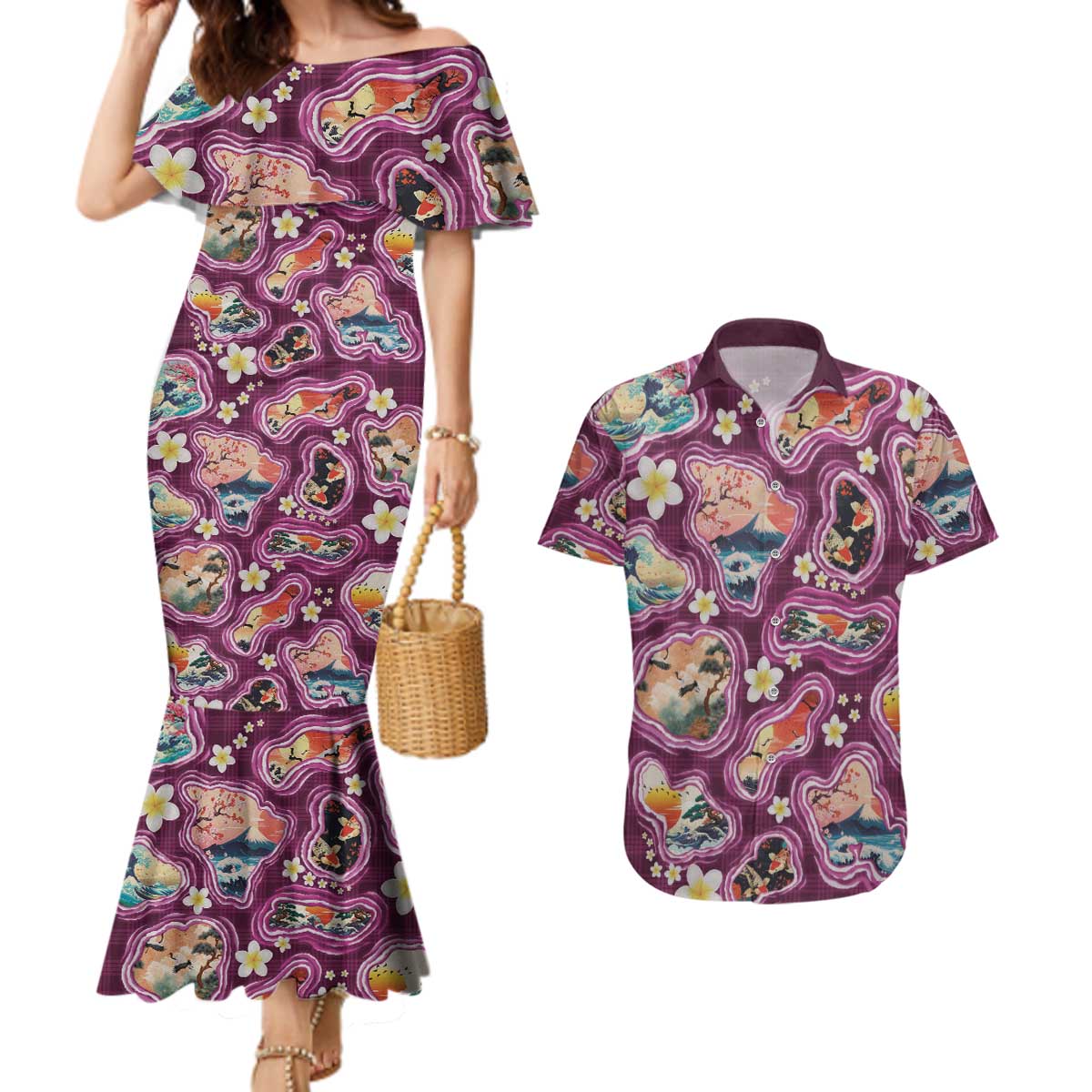 Hawaii Islands Map Design with Japanese Landscape Couples Matching Mermaid Dress and Hawaiian Shirt Hawaiian Japan Fusion Art Pink Color LT03 Pink - Polynesian Pride