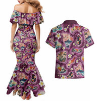 Hawaii Islands Map Design with Japanese Landscape Couples Matching Mermaid Dress and Hawaiian Shirt Hawaiian Japan Fusion Art Pink Color LT03 - Polynesian Pride