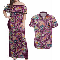 Hawaii Islands Map Design with Japanese Landscape Couples Matching Off Shoulder Maxi Dress and Hawaiian Shirt Hawaiian Japan Fusion Art Pink Color LT03 Pink - Polynesian Pride