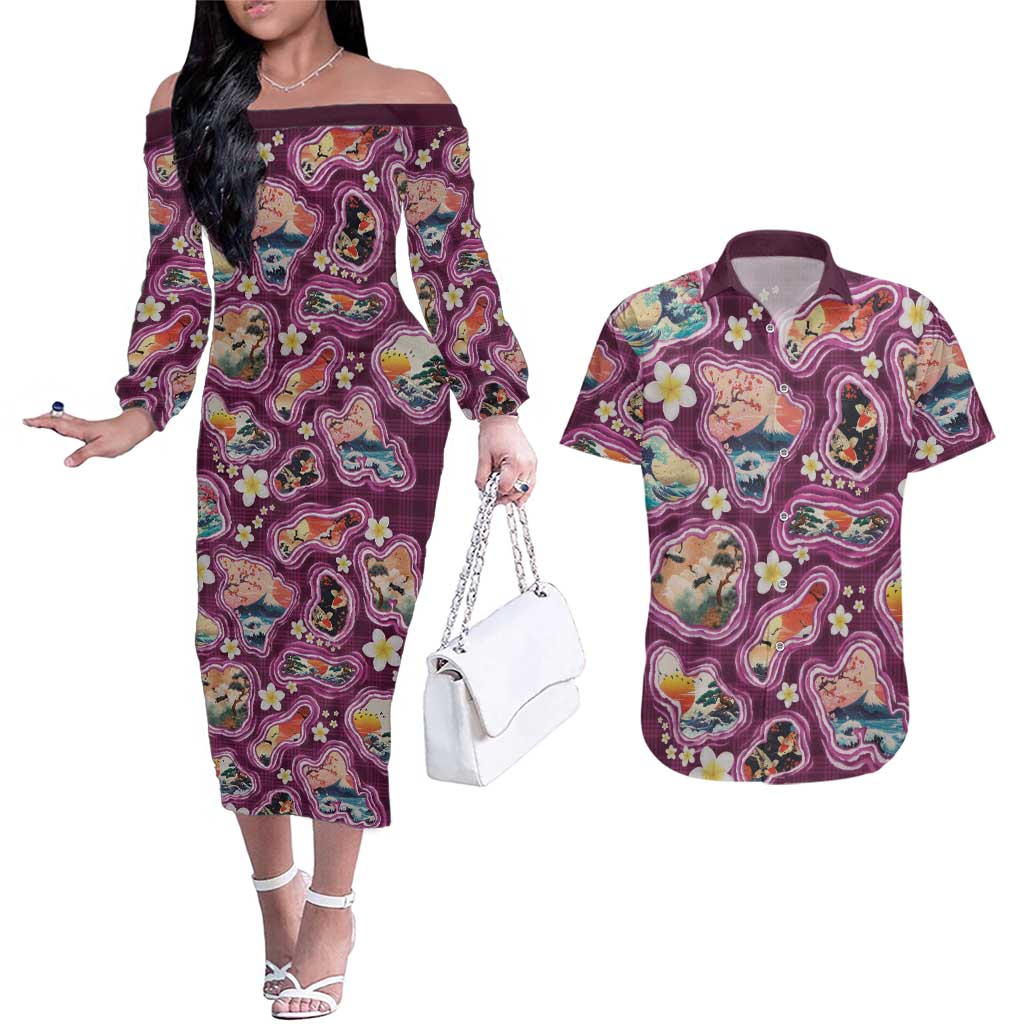 Hawaii Islands Map Design with Japanese Landscape Couples Matching Off The Shoulder Long Sleeve Dress and Hawaiian Shirt Hawaiian Japan Fusion Art Pink Color
