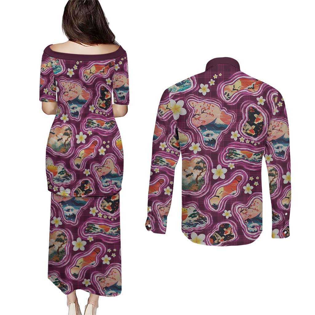 Hawaii Islands Map Design with Japanese Landscape Couples Matching Puletasi and Long Sleeve Button Shirt Hawaiian Japan Fusion Art Pink Color LT03 - Polynesian Pride