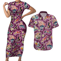 Hawaii Islands Map Design with Japanese Landscape Couples Matching Short Sleeve Bodycon Dress and Hawaiian Shirt Hawaiian Japan Fusion Art Pink Color LT03 Pink - Polynesian Pride