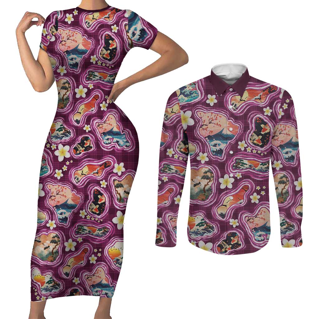 Hawaii Islands Map Design with Japanese Landscape Couples Matching Short Sleeve Bodycon Dress and Long Sleeve Button Shirt Hawaiian Japan Fusion Art Pink Color LT03 Pink - Polynesian Pride