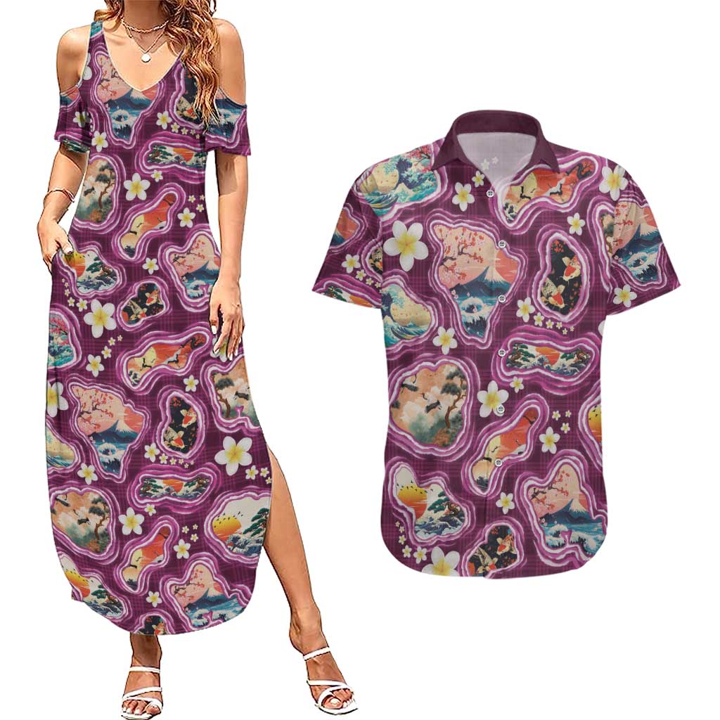 Hawaii Islands Map Design with Japanese Landscape Couples Matching Summer Maxi Dress and Hawaiian Shirt Hawaiian Japan Fusion Art Pink Color LT03 Pink - Polynesian Pride
