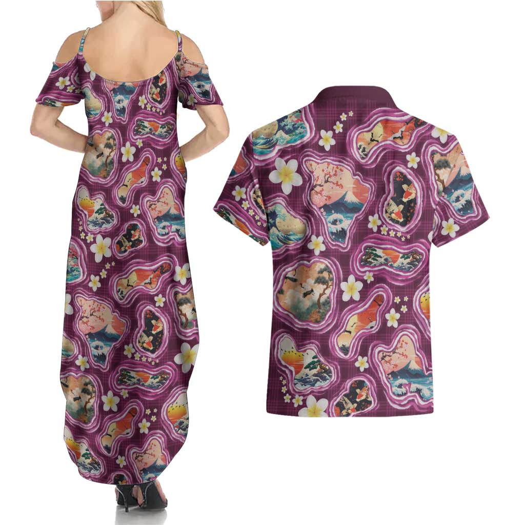 Hawaii Islands Map Design with Japanese Landscape Couples Matching Summer Maxi Dress and Hawaiian Shirt Hawaiian Japan Fusion Art Pink Color LT03 - Polynesian Pride