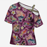 Hawaii Islands Map Design with Japanese Landscape Cross Shoulder Shirt Hawaiian Japan Fusion Art Pink Color LT03 Female Pink - Polynesian Pride