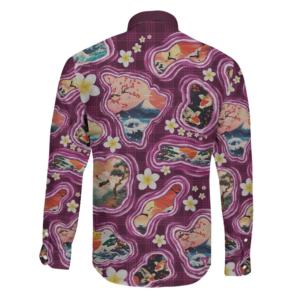 Hawaii Islands Map Design with Japanese Landscape Family Matching Long Sleeve Bodycon Dress and Hawaiian Shirt Hawaiian Japan Fusion Art Pink Color LT03 - Polynesian Pride