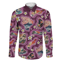 Hawaii Islands Map Design with Japanese Landscape Family Matching Mermaid Dress and Hawaiian Shirt Hawaiian Japan Fusion Art Pink Color LT03 Dad's Shirt - Long Sleeve Pink - Polynesian Pride
