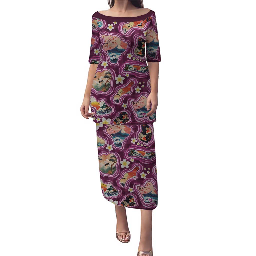 Hawaii Islands Map Design with Japanese Landscape Family Matching Puletasi and Hawaiian Shirt Hawaiian Japan Fusion Art Pink Color LT03 Mom's Dress Pink - Polynesian Pride