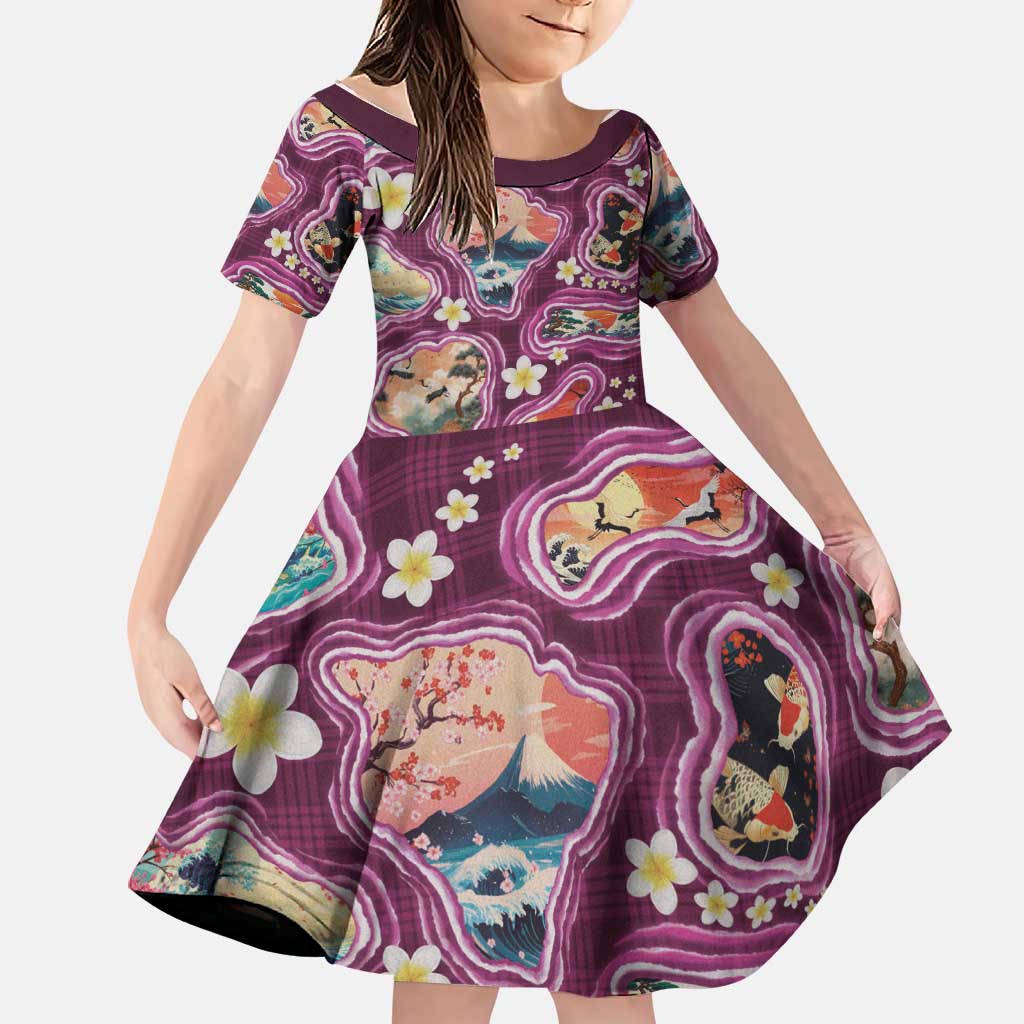 Hawaii Islands Map Design with Japanese Landscape Family Matching Short Sleeve Bodycon Dress and Hawaiian Shirt Hawaiian Japan Fusion Art Pink Color LT03 Daughter's Dress Pink - Polynesian Pride