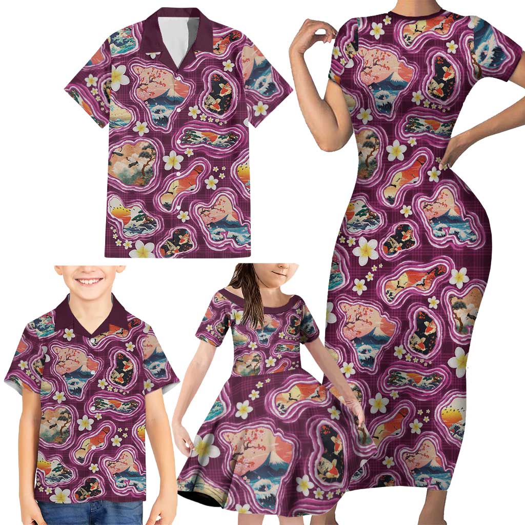 Hawaii Islands Map Design with Japanese Landscape Family Matching Short Sleeve Bodycon Dress and Hawaiian Shirt Hawaiian Japan Fusion Art Pink Color