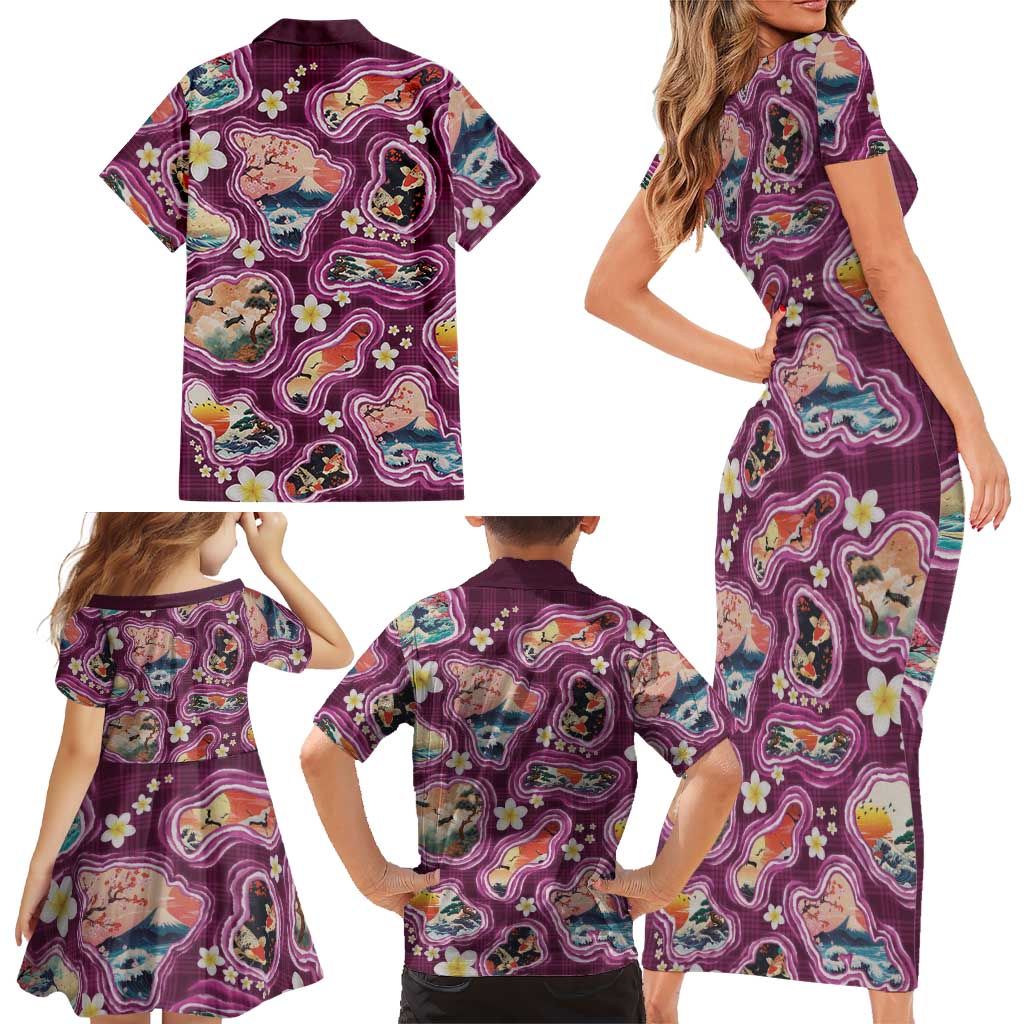Hawaii Islands Map Design with Japanese Landscape Family Matching Short Sleeve Bodycon Dress and Hawaiian Shirt Hawaiian Japan Fusion Art Pink Color LT03 - Polynesian Pride