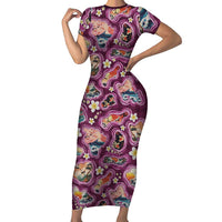 Hawaii Islands Map Design with Japanese Landscape Family Matching Short Sleeve Bodycon Dress and Hawaiian Shirt Hawaiian Japan Fusion Art Pink Color LT03 Mom's Dress Pink - Polynesian Pride