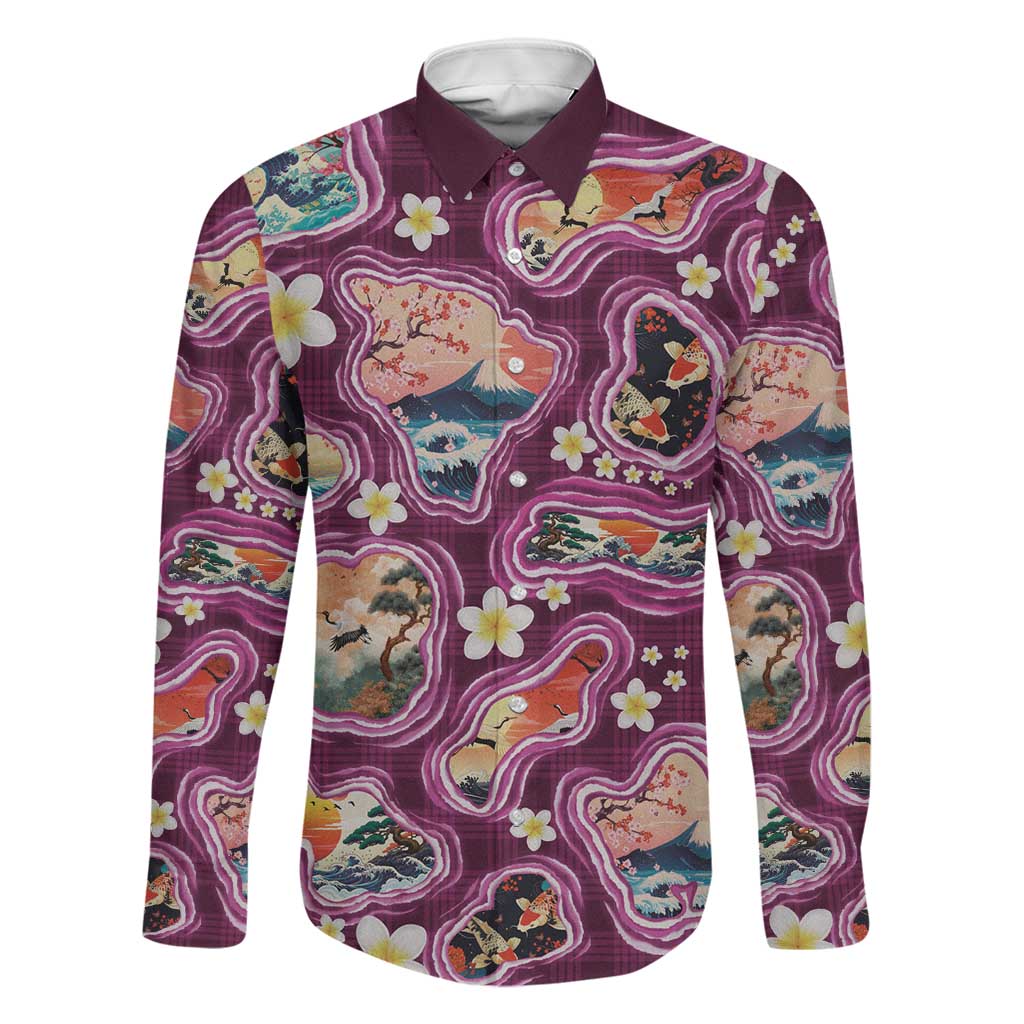 Hawaii Islands Map Design with Japanese Landscape Family Matching Tank Maxi Dress and Hawaiian Shirt Hawaiian Japan Fusion Art Pink Color LT03 Dad's Shirt - Long Sleeve Pink - Polynesian Pride