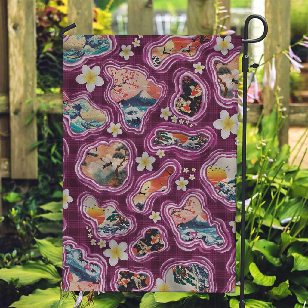 Hawaii Islands Map Design with Japanese Landscape Garden Flag Hawaiian Japan Fusion Art Pink Color LT03 Garden Flag Pink - Polynesian Pride