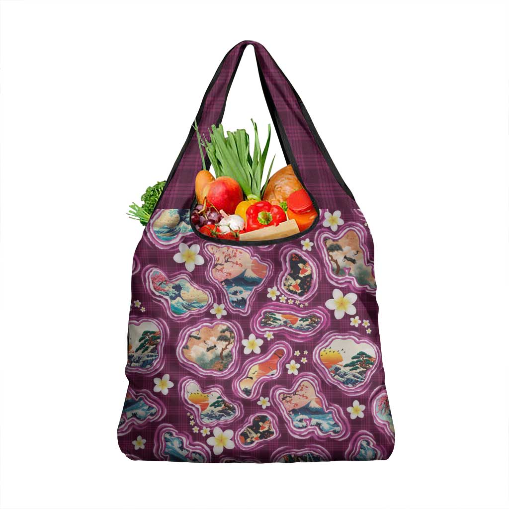Hawaii Islands Map Design with Japanese Landscape Grocery Bag Hawaiian Japan Fusion Art Pink Color LT03 1-pack One Size Pink - Polynesian Pride