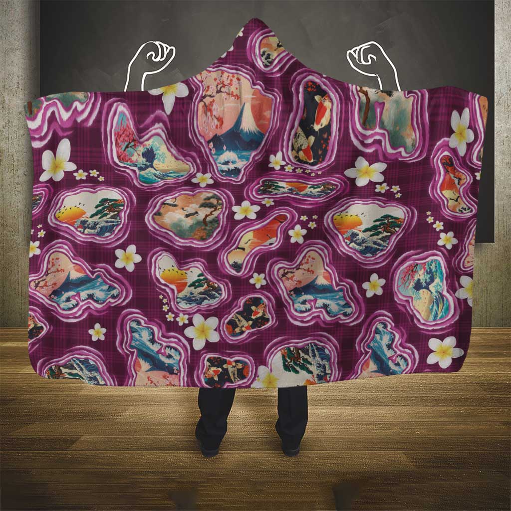 Hawaii Islands Map Design with Japanese Landscape Hooded Blanket Hawaiian Japan Fusion Art Pink Color LT03 - Polynesian Pride