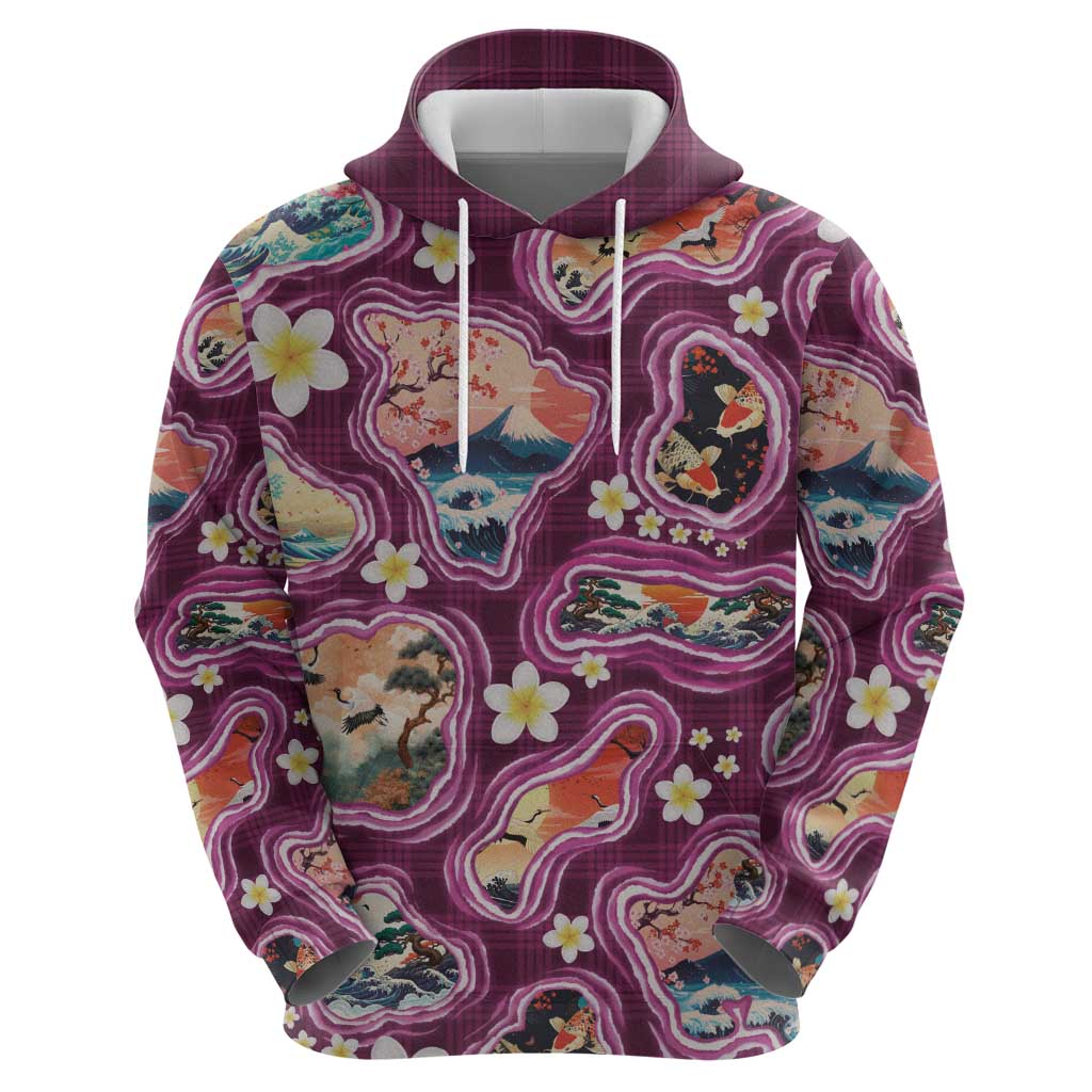 Hawaii Islands Map Design with Japanese Landscape Hoodie Hawaiian Japan Fusion Art Pink Color LT03 - Polynesian Pride