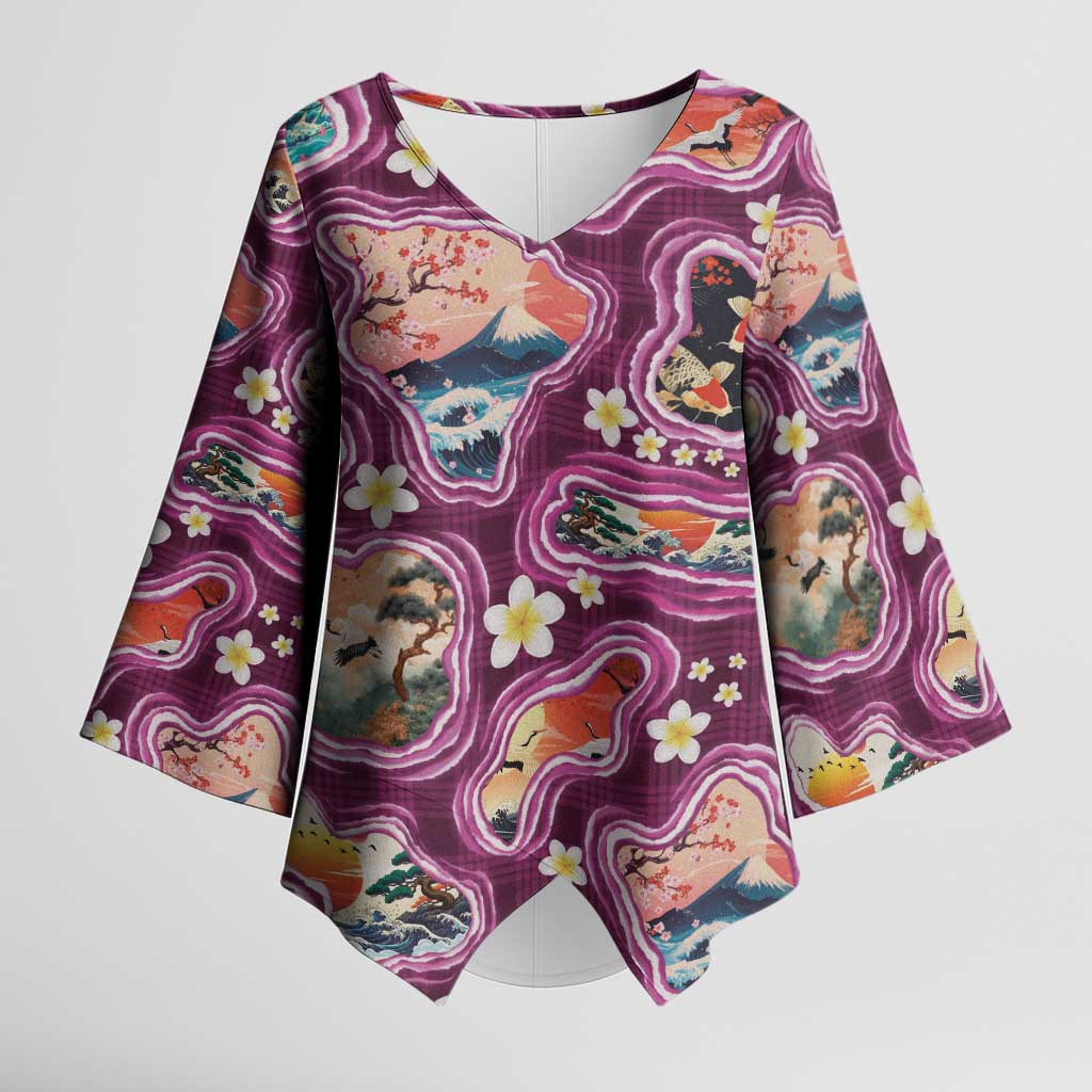 Hawaii Islands Map Design with Japanese Landscape Kimono Sleeve Blouse Hawaiian Japan Fusion Art Pink Color LT03 Female Pink - Polynesian Pride