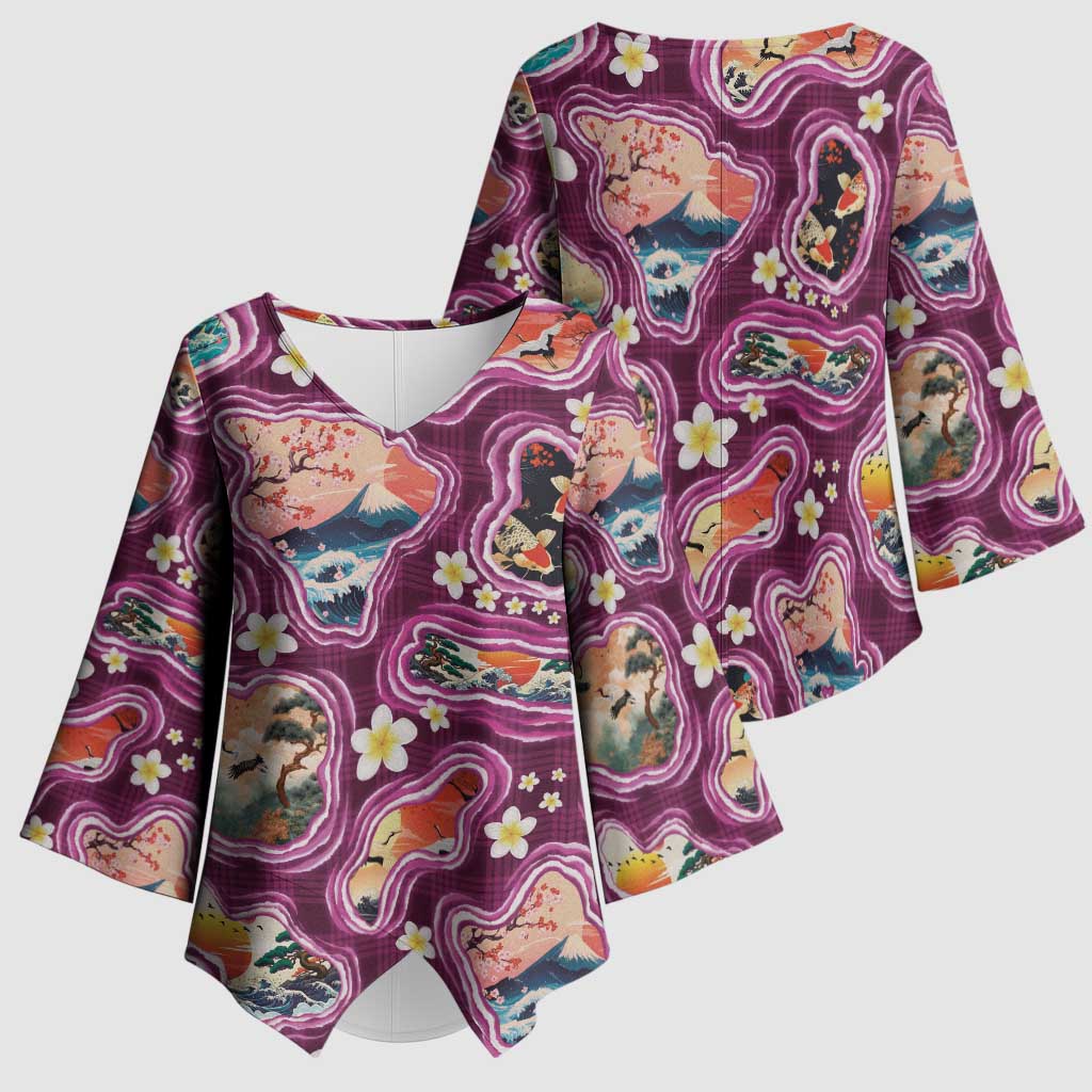Hawaii Islands Map Design with Japanese Landscape Kimono Sleeve Blouse Hawaiian Japan Fusion Art Pink Color LT03 - Polynesian Pride