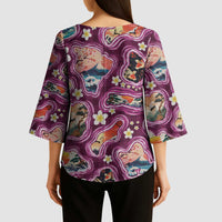 Hawaii Islands Map Design with Japanese Landscape Kimono Sleeve Blouse Hawaiian Japan Fusion Art Pink Color LT03 - Polynesian Pride