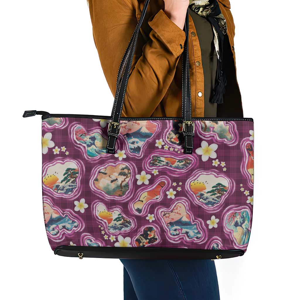 Hawaii Islands Map Design with Japanese Landscape Leather Tote Bag Hawaiian Japan Fusion Art Pink Color LT03 - Polynesian Pride