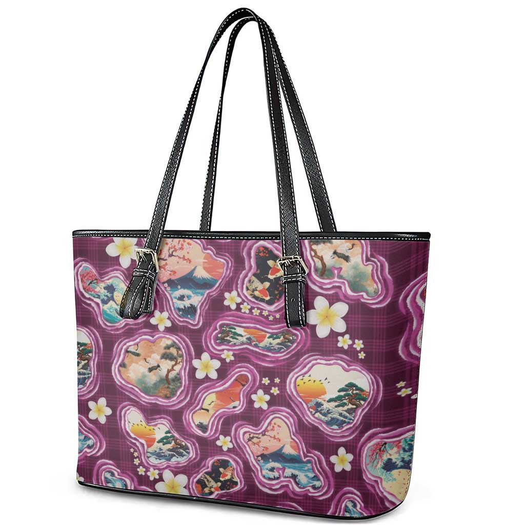 Hawaii Islands Map Design with Japanese Landscape Leather Tote Bag Hawaiian Japan Fusion Art Pink Color LT03 - Polynesian Pride