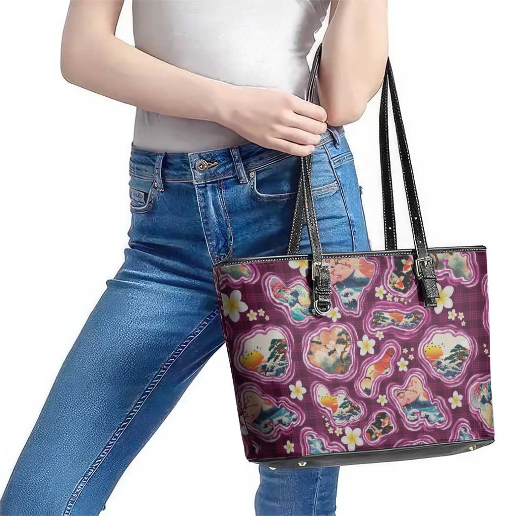 Hawaii Islands Map Design with Japanese Landscape Leather Tote Bag Hawaiian Japan Fusion Art Pink Color LT03 - Polynesian Pride