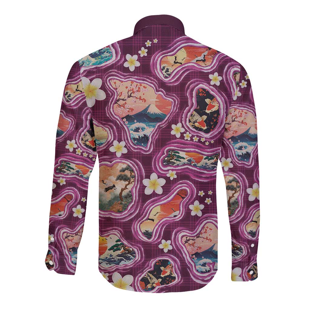Hawaii Islands Map Design with Japanese Landscape Long Sleeve Button Shirt Hawaiian Japan Fusion Art Pink Color LT03 - Polynesian Pride