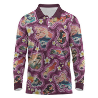 Hawaii Islands Map Design with Japanese Landscape Long Sleeve Polo Shirt Hawaiian Japan Fusion Art Pink Color LT03 Pink - Polynesian Pride